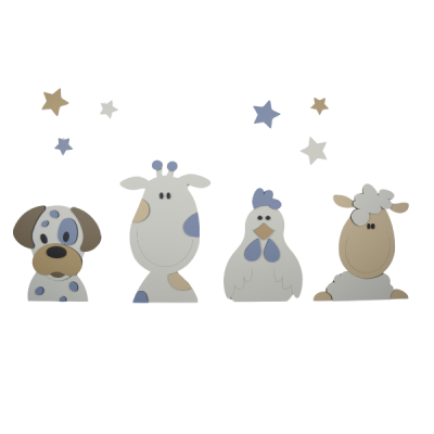 Boerderijdieren (4 stuks): kip-koe-hondje-schaap - beige met te kiezen kleur (80x30cm) - sterren optioneel